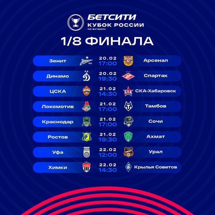 Появилось расписание матчей 1/8 финала Кубка России