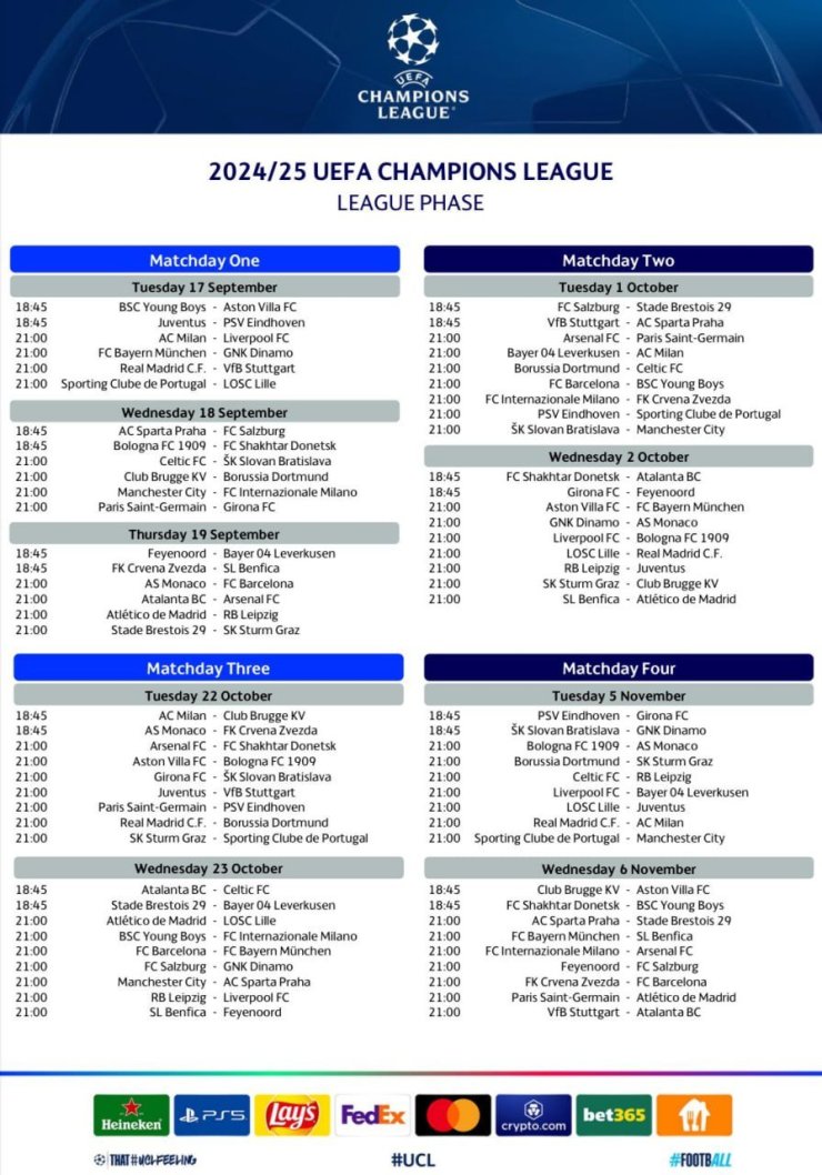 Опубликовано расписание матчей общего этапа Лиги чемпионов