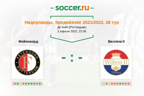 Фейеноорд — Виллем II. Прогноз на матч нидерландской Эредивизи, 28 тур (02.04.2022)